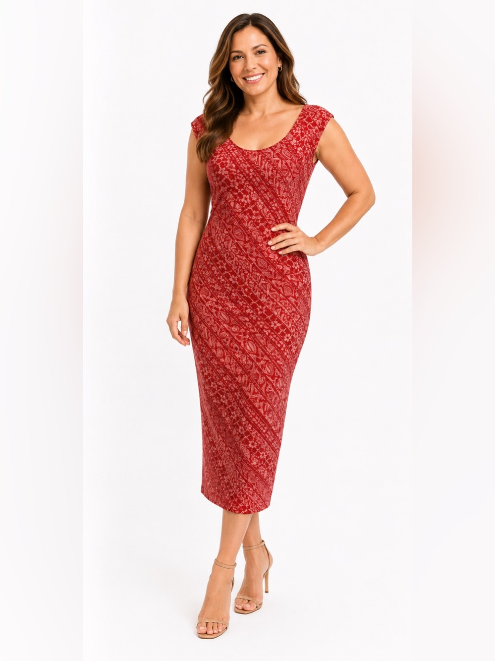 Size 18 Red Printed Sleeveless Maxi Dress. Ptp approx 21
